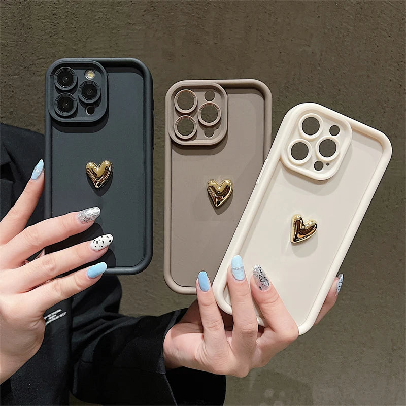 3D Gold Heart iPhone Case – Soft Silicone Shockproof Protective Cover