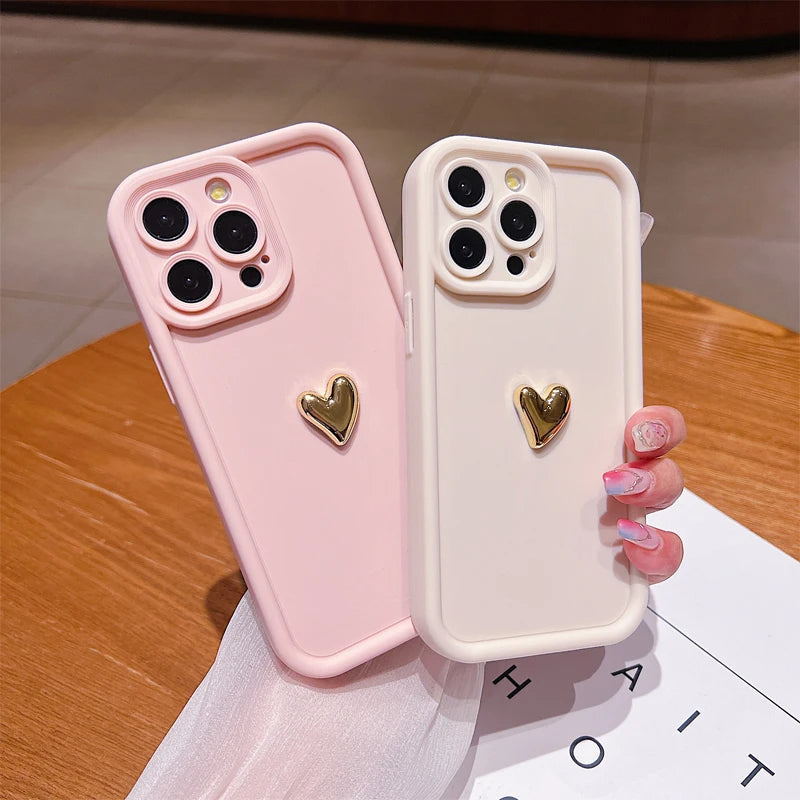 3D Gold Heart iPhone Case – Soft Silicone Shockproof Protective Cover